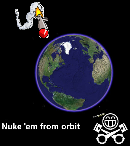 Idea Pistonheads Tshirt Design - The image features a playful, animated depiction of a missile with a cartoon face launching towards a globe symbolizing Earth. The missile is anthropomorphized with eyes, a tongue, and a large smile. The Earth below is shown with a prominent landmass, possibly a continent, and depicts the planet's diverse geography with terrains and seas. At the bottom of the image, there's a logo or emoji of a face with a large grin. Text surrounds these elements with the phrase "Nuke 'em from orbit" which is a phrase commonly associated with a catastrophic level of destruction. The style of the image is reminiscent of early 90s computer graphics, and it appears to be a stylized illustration rather than a photograph.