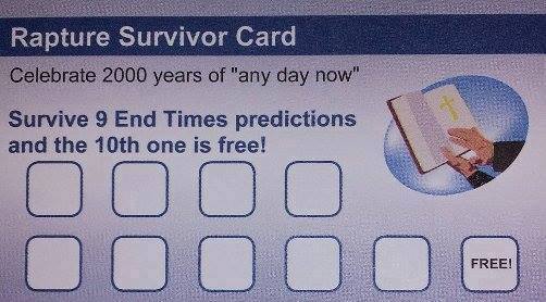 Juvenile things that make you snigger. - Page 389 - The Lounge - PistonHeads - The image features an advertisement for a Rapture Survivor Card, which is meant to help people predict the end times. It's for both 9th and 10th 'End Times Predictions'. The ad celebrates 2000 years of Rapture predictions, 10th one being free.