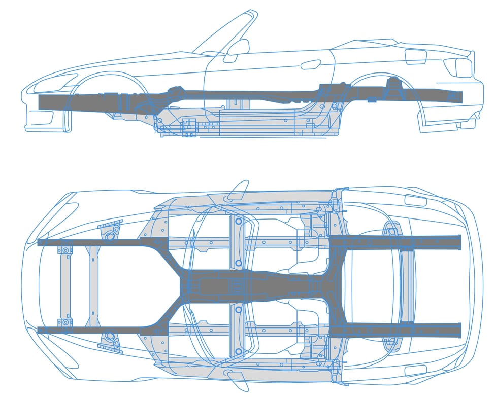 Pistonheads - The image displays a diagram of a car's front end in two different perspectives. The left side shows the top view, while the right side presents the front view. Both views provide detailed layouts of the components that make up the car's front section, including the headlights, bumper, grill, and other parts of the vehicle. The diagram appears to be a technical illustration or blueprint used for manufacturing or assembly purposes. The style of the image is technical and schematic, with no color information provided.