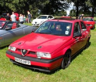 A red car is parked in a field - Pistonheads - In the image, a vibrant red Alfa Romeo car is parked in the foreground, drawing attention on the lush green grass. The car's design appears to be from an earlier model, possibly indicating a classic or vintage vehicle. 

In the background, several people are gathered around a group of cars, suggesting an event or car show. The presence of multiple vehicles implies a diverse gathering of automotive enthusiasts. 

The lawn serves as a natural backdrop for the vehicles and people, enhancing the serene atmosphere of the scene. The image captures a moment of leisure and camaraderie centered around the appreciation of vehicles.