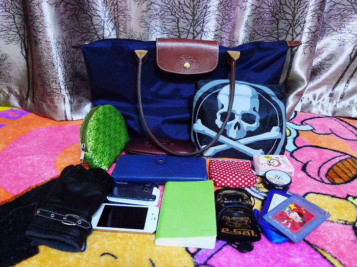 This image showcases a vibrant, colorful bag with various items scattered around it. The bag itself is predominantly blue and black, adorned with a skull design on the side. A brown leather pocketbook can be seen hanging out of the bag. Next to the bag, there's a collection of objects including a green wallet, a pair of sunglasses, a blue book, and a green notebook. These items not only add to the visual diversity but also suggest preparedness for different situations. The items are placed on a blanket with a distinct multicolor pattern, which provides a striking contrast to the objects and the bag.