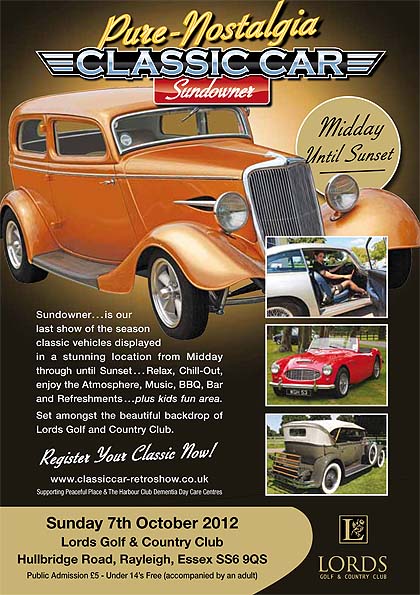 Sundowners Classic Car Show Lords Golf & Country Club 7 OCT - Page 1 - Kent & Essex - PistonHeads - The image is a vibrant flyer for a car show, specifically for vintage cars. Dominating the scene is a classic orange convertible car, reminiscent of the golden era of automobiles. The car takes center stage, with smaller images of other classic cars surrounding it, creating a sense of nostalgic beauty in its surroundings. 

The flyer is adorned with a gold logo that reads "Pure-Nostalgia Classic Car", indicating the theme of the car show. This nostalgic theme is underlined by the section of the flyer dedicated to "Midday until Sunset", hinting at the timeless charm of the cars and the experience they promise. 

The flyer also emphasizes the camaraderie and community aspects of the event with "Join us at a stunning location from Midday... enjoy the atmosphere...". Finally, the logo "Lords Golf & Country Club" signifies the venue, adding an air of elegance to the event.