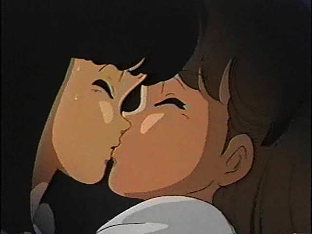 A painting of a man holding a skateboard - The image appears to be a frame from an animated show or film. It shows two animated characters, perceived as young women, in a tender, romantic moment. They are close up, sharing a kiss, which often symbolizes love or affection. The characters' expressions and positions suggest an intimate or secretive moment shared between them. The image captures a quiet and peaceful atmosphere.