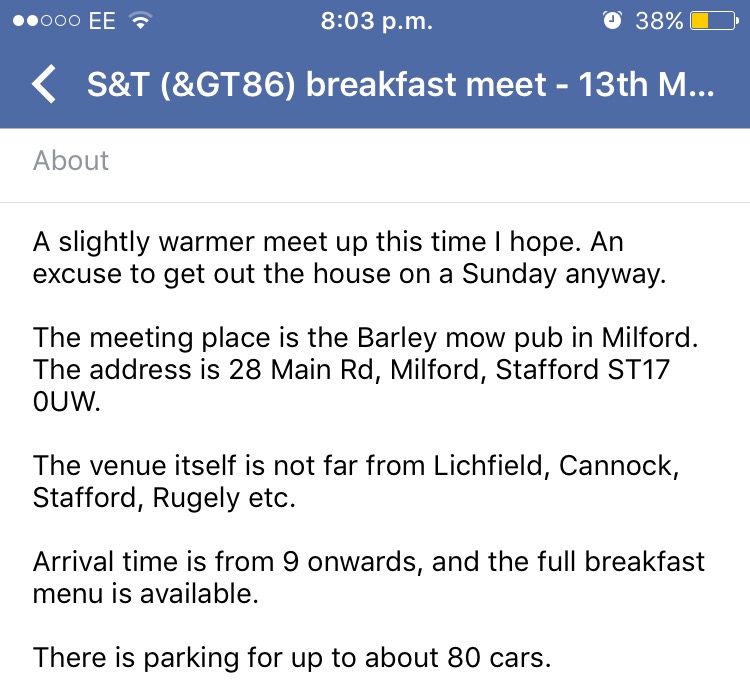 Midlands breakfest meet 13/3 - Page 1 - Midlands - PistonHeads - The image shows a screenshot of a message on a social media platform, which appears to be intended for a person named Sam. The message suggests a casual meet-up at a venue named the Barley mow pub. The location of the bar is mentioned as being in Milford. Accompanying the message is a photo of the venue's exterior which serves as the background of the image. The purpose of this meet-up seems to be a break from driving, as driving is repeatedly mentioned in the message text.