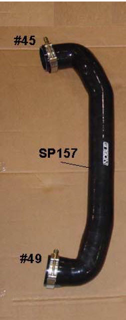 Spare Hose for sale???? - Page 1 - Noble - PistonHeads - The image shows two car exhaust pipes placed on a cardboard surface. Both pipes are black and feature a robust design with a visible metal section at each end. There is identification text overlaid on the image: "#45" for the top pipe and "SP157" for the bottom pipe, with a corresponding number "#49" near a metal connector on the top pipe, indicating its likely position or model number within a vehicle exhaust system.