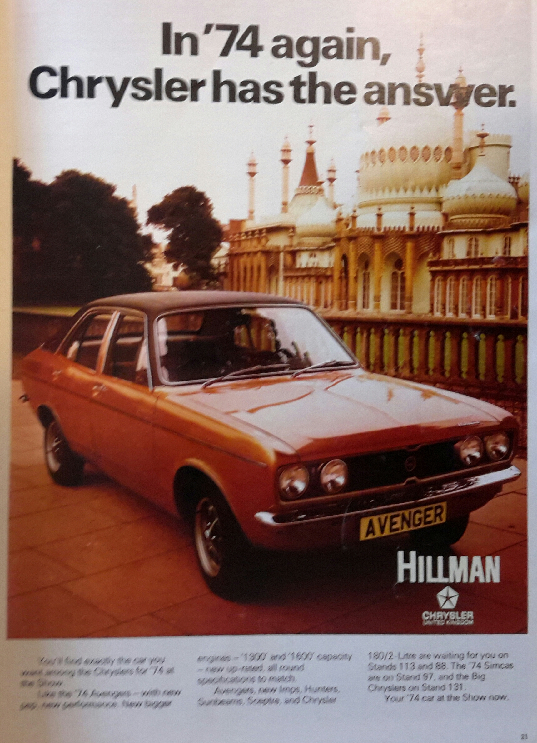 Old car ads from magazines & newspapers - Page 27 - General Gassing - PistonHeads - The image is an advertisement and a news article describing the 1974 Chrysler Apollo, commonly known as the Avenger. The car is an orange-red powered by a 5.9 liter V8 engine and discussed in detail in an article about its weight and recall, mentioning models like the New Yorker and Chrysler St. Regis. The text highlights its gasoline capacity of 167 cubic inches and explains the recall process. A public address system at the Daytona International Speedway is also featured, indicating the brand's presence at significant events.