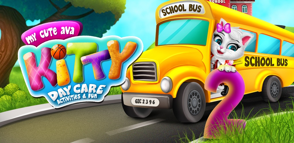 A red and white bus parked in front of a building - Day Care Kitten Kids Sweet Daily Educational Activities Animal Game Games Kitty 