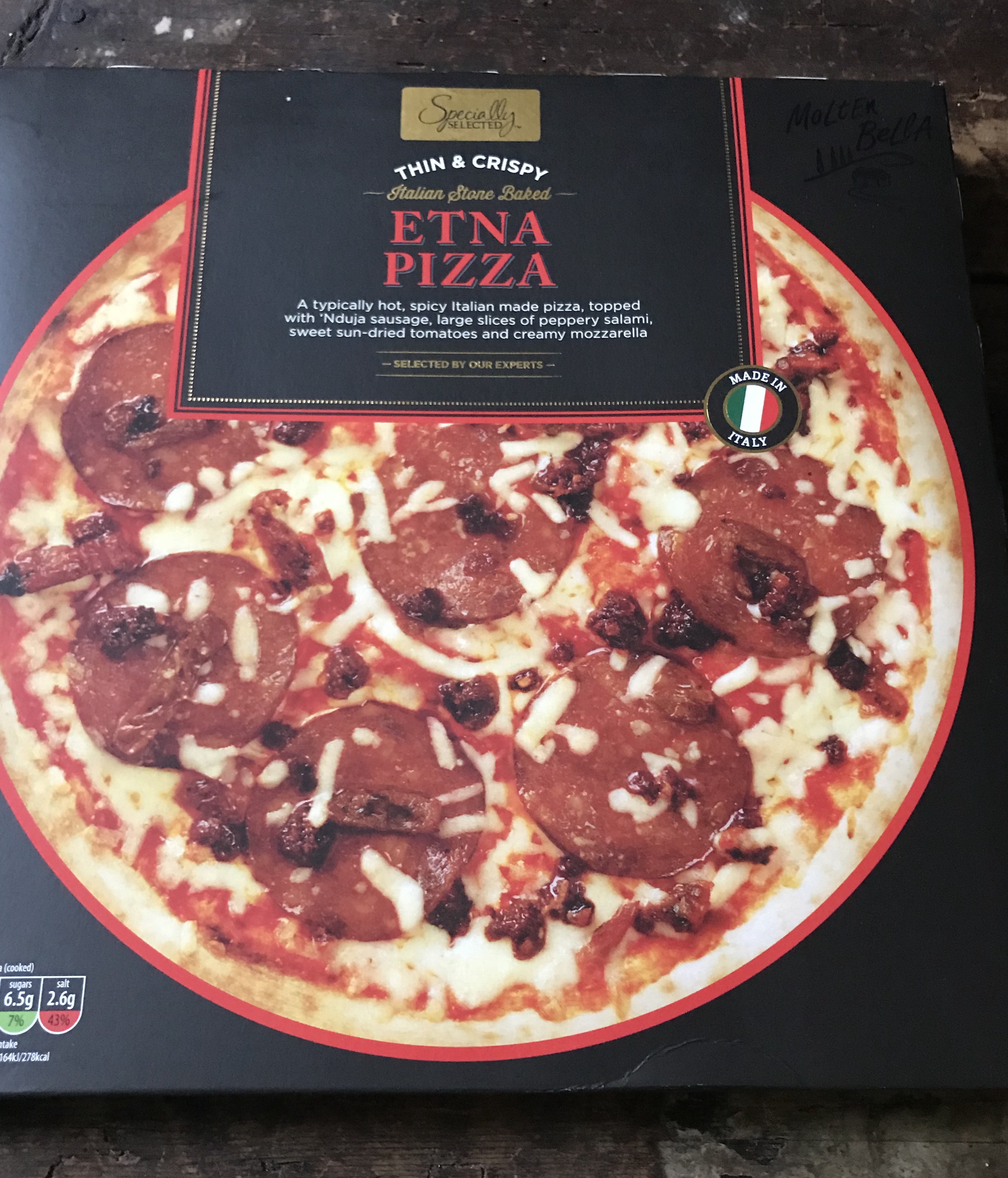 ALDI Food Worth Trying?  - Page 274 - Food, Drink & Restaurants - PistonHeads - The image presents a mouthwatering scene of an Italian-style pizza in a box. The pizza is generously topped with pepperoni and cheese, with a focus on the pepperoni, which appears to be of a high quality. The crust appears thin and crispy, likely a signature of the brand. The packaging is sturdy and designed with red and black colors, highlighting the restaurant's logo and brand name. Expectations are set that this is likely a cheesy, indulgent pizza.