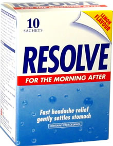 Btap Pistonheads Kit - The image shows a bottle of "Resolve for the Morning After" medication, which is a product of Wyeth. The label on the bottle is predominantly blue with bold white and yellow text. The text on the label reads "Resolve 10 Sachets" with a yellow steeped background at the top, and a red and white flavored cape below it. Below this, there's a tagline that says "white pain 5 minute relief." The label also indicates a cream flavored cape. The brand name "Resolve" is prominently displayed at the top of the label in large red letters. The overall style of the image is a straightforward product shot with a clear focus on the label and contents of the bottle.