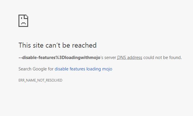 Disable features loading mojo - Page 1 - Computers, Gadgets & Stuff - PistonHeads - The image displays a simple error dialog box with a white background and text. It contains two lines of text; the upper line states, "This site can't be reached," and the lower line provides an error code, ERR_NAME_NOT_RESOLVED, indicating that the website requested cannot be found. The graphic within the error box appears to be a stylized representation of a traditional 'grumpy cat' emoticon. The overall style of the image is minimalistic and modern, typical of a clean and uncluttered error page design.