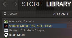 Assetto Corsa - Time Trial - Page 1 - Video Games - PistonHeads - The image shows a screenshot of a User Interface (UI) on a device, specifically a section of a game store or library. The main content is a list of top-down shooter (TDDSH) games, displayed in a grid layout. The first visible game on the list is titled "Aliens vs. Predator" by Asetto Corsa, with a progress bar indicating the game's format, which is "0% 404 2 KB/s." Below this, there are thumbnails of two more games, "Batman" and "Black Mesa," suggesting that they are part of the list.

The layout of the UI is clean and organized, with the games neatly lined up against a dark background, which gives a modern and sleek appearance to the interface. The font used for the game titles is clear and legible, allowing for easy reading of the available titles.

At the top of the screen, there's a navigation bar with three menu items visible: "Store," "Library," and "All games," suggesting that the user can switch between different sections of the game store or library. The bottom part of the image shows the process of searching for