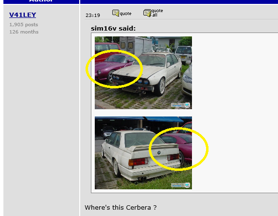 Classics left to die/rotting pics - Page 422 - Classic Cars and Yesterday's Heroes - PistonHeads - The image shows a comparison of two photos side by side, decorated with yellow ovals, presumably highlighting specific points of interest. The upper photo, time-stamped as '1,905 posts 126 months ago', is tagged with the word 'sim16v' and includes a quote feature. Below this, a yellow circle surrounds a section of two white cars parked on what appears to be a grassy area near a building. The text "Where's this Cerbera?" suggests the search or identification of these vehicles as Cerbera models.