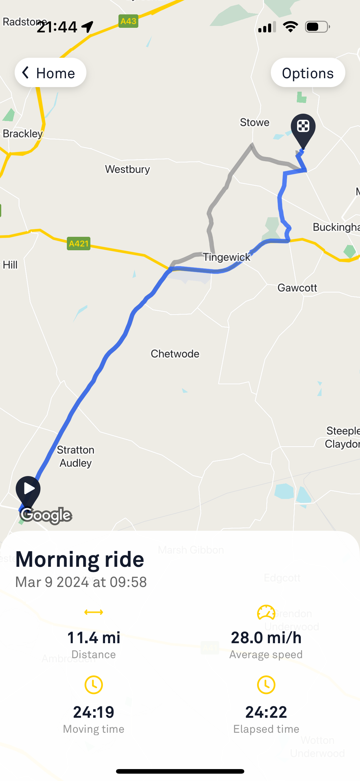 Pistonheads - The image shows a screenshot of a navigation app on a smartphone. A map is displayed with a route marked in white, showing the direction for a morning ride from Hucknall to Google. The user has selected this specific trip with the title "Morning Ride". There are details about the route, including the distance (11.9 miles) and an estimated duration of 2 hours and 47 minutes. The app appears to be tracking the progress of the journey, indicated by a green line on the map that likely represents the current location relative to the start point. The bottom of the screen shows a graphical representation of speed data from the ride, showing fluctuations in speed over time.