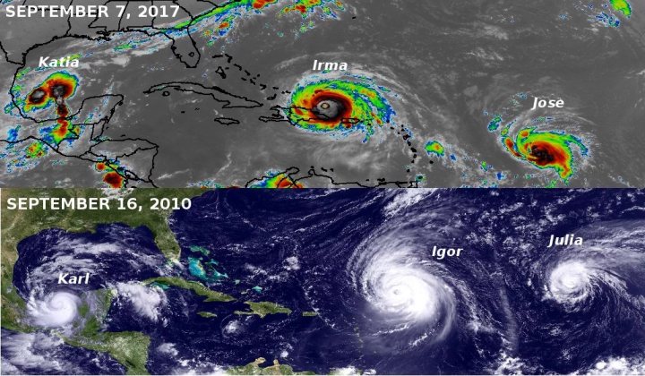 Irma. The biggest ever Atlantic hurricane...... - Page 4 - News, Politics & Economics - PistonHeads - The image is a split-screen composition that showcases satellite imagery of four different locations, all subjected to significant weather events. On the left side of the image, dated September 7, 2017, Hurricane Katia and Hurricane Irma are depicted, illustrating their impact through extensive cloud coverage and changes in ocean coloration. On the right side, dated September 16, 2010, two smaller storms named Igor and Julla are visible, exhibiting distinct spiral patterns as they churn across the ocean. The image is a stark portrayal of the contrasting size and intensity of the storms, with larger hurricanes on the left and the smaller storms on the right.