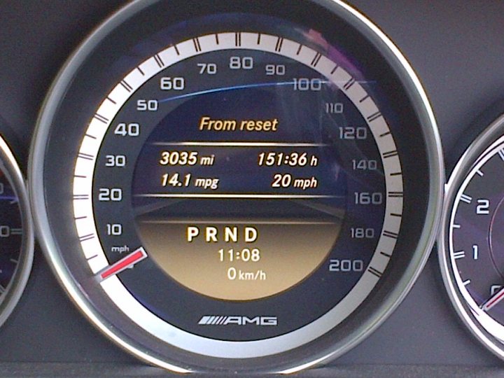 C63 Estate - real world mpg - Page 1 - Mercedes - PistonHeads - The image shows a car's dashboard, prominently displaying the speedometer. The needle indicates the vehicle is traveling at 3035 miles per hour. The car's speed is from a reset, stated as 3035 mph. It shows that the car's trip meter is 14.1 miles at this point in time, with a target 151.3 mph and has traveled 200 mph since reset. Additionally, the dashboard displays the PND current, which is 11:08, and the growing trip meter is in millimeters, indicating that the total distance from the reset point seems to be less than 1 kilometer since reset, being only at 200 millimeters.