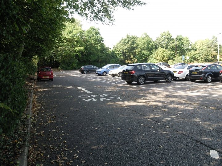 The BAD PARKING thread [vol3] - Page 202 - General Gassing - PistonHeads - The image shows a street scene with multiple cars parked on both sides of the road. The cars are various makes and models, and are parked in parallel fashion along the curb. There is a pedestrian sign in the center of the road indicating a one-way street. To the left of the image, there is a vegetation-covered area next to the road which provides a green barrier between the road and a walkway or sidewalk. The setting suggests a quiet residential street.