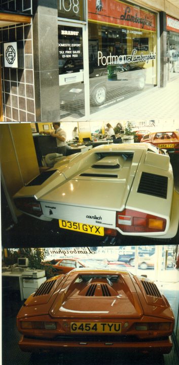 Countach  - Page 12 - Lamborghini Classics - PistonHeads - This image is a collage of three separate photographs, each featuring a different model of the Lamborghini sports car. In the top image, a white Lamborghini is prominently displayed in a showroom window, with reflections above. The middle image shows a yellow Lamborghini, sculpted with a long hood on a city street, and below that, a bright red Lamborghini is captured in a garage setting with other cars around. The photograph has a watermark text consisting of two words and a number, but the text is not clearly legible. The style of the image is a casual photographic collage meant to showcase the different designs or colors of the same car model.