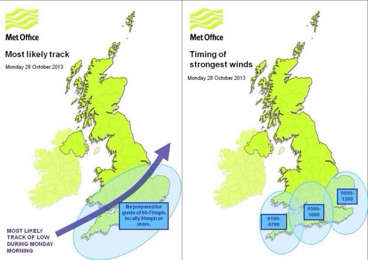 The official winter 2013/2014 snow thread - Page 28 - The Lounge - PistonHeads - This image is a digital illustration showcasing information about the UK MetOffice's weather forecast. It features two similar maps, side by side, highlighting wind patterns in the UK. The top portion of the image shows two maps from Monday, 25 October 2013, with blue arrows indicating wind direction and gust speed. The bottom portion mirrors the top, showing Wednesday, 28 October 2013, with dotted lines and wind speeds labeled in red and black text. The MetOffice logo is visible in the top left corner, suggesting the source of the forecast and severe weather warning. The illustration style appears to be educational, providing a visual representation of current and future wind conditions in the UK.