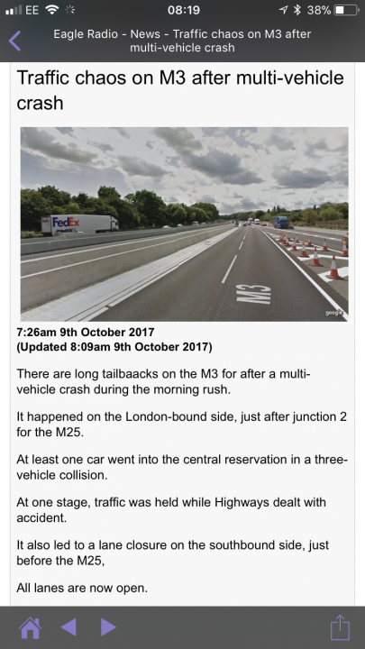 M3 Nightmare Continues! - Page 37 - Thames Valley & Surrey - PistonHeads - The image shows a webpage or a digital news update on the topic of traffic and road conditions. The main focus of the text is on a multi-vehicle crash on the M3 after Chelsea Reach. There are details about truck traffic which is backed up for a significant distance, a car was involved in an accident as well, and the situation has caused a major traffic jam. The time stamp on the image suggests it was taken at 7:26 am on the 8th of October 2017.