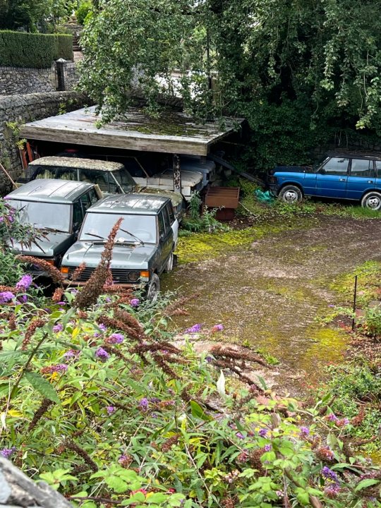 Classics left to die/rotting pics - Vol 2 - Page 556 - Classic Cars and Yesterday's Heroes - PistonHeads UK - The image presents a tranquil scene of a backyard. Dominating the view is a garage, constructed from brick with a sloping roof. Parked in front of it are three cars, each distinct in their color and model. The closest car is red, while two others are black. 

The ground around the garage is adorned with grass, adding a touch of greenery to the scene. A small group of flowers also adds color to the yard. Behind the garage, a stone wall provides a boundary for the property. Above, trees rise up, their leaves forming a natural canopy over the area. This image captures a peaceful moment in an everyday setting.