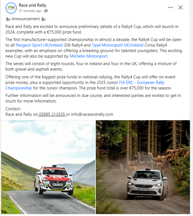 2024, BRC, National and Historic discussion - Page 2 - Rallying - PistonHeads UK - The image is a screenshot of a post from Instagram. It features two photos side by side, showcasing the same scene but with different perspectives. 

In the left photo, there's a person sitting in a car, which appears to be parked on the side of a road. The individual is dressed casually and seems to be waiting or taking a break. 

The right photo provides an aerial view of the same location. This perspective reveals more of the surrounding environment, including trees and grass, as well as a dirt road where the car is located. 

At the top of the image, there's a text that reads "Race and Rally". Below this title, the post includes information about an upcoming event, specifically a rally cup race scheduled for June. The details of the event, including the starting line and fundraising goals, are provided in text form within the post. 

The overall layout of the image suggests that the post is announcing or promoting the rally cup race, providing potential attendees or followers with key information about the upcoming event.