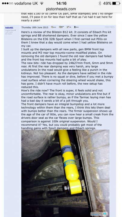 e46 on Bilstein B12 pro shocks/eibach spings - Page 1 - BMW General - PistonHeads - The image is a screenshot from a conversation, likely of a social media or messaging platform, where the subject is a mechanical issue with a vehicle. It displays text and an attached image. The attached image is quite blurry, but it shows a yellow suspension or shock absorber sticking up from the undercarriage of a vehicle, resting on the frame. The text is a discussion about the vehicle, where someone mentions picking up parts, noting the difficulty of finding rear "Bilstein" dampers from the '86 to '92 model integrated to the Bilstein. They also mention the issue of mounts folding for the '86' Sport when the brake pads are new, and the need to take off the bottom mount for mounting.