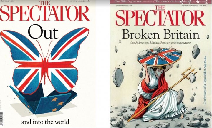 Brexit - was it worth it? (Vol. 4) - Page 398 - News, Politics & Economics - PistonHeads UK - The image shows two magazine covers from "The Spectator." On the left, there is a cartoon depicting a person with the caption "BREXIT" and a Union Jack, suggesting a British theme. To the right, there is a cover featuring an illustration of a person standing next to a building with the word "SPORTATOR" on it, accompanied by the phrase "AND INTO THE WORLD." The covers are placed side by side, highlighting the contrast in themes between the two issues of the same publication.