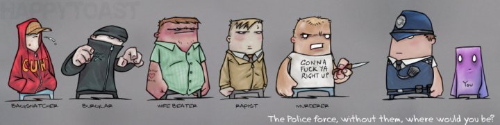 "The Police have done us proud" motoring thread - Page 1 - Speed, Plod & the Law - PistonHeads - The image is a black and white line drawing that portrays cartoon-style characters, each representing a different type of police officer. The officers are stylized and exaggerated, with different hairstyles and attire. They are seated around a table with a sign that reads "The Police Force. Without them, where would you be?", suggesting the theme of police officers and their role in society. The drawing appears to be a digital illustration.