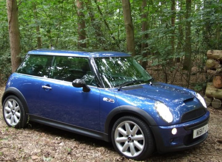 New Member & My R53 MC - S - Page 1 - Readers' Cars - PistonHeads - The image showcases a vibrant blue Mini Cooper parked in a serene forest setting. The car, a small hatchback with its distinctive round headlights and bulbous side mirrors, is parked on a forest floor surrounded by dense foliage. The day appears to be overcast with soft, diffused light illuminating the lush greenery and the wet-looking road beneath the car's wheels.