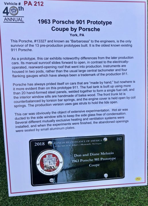 The Porsche's Big 70th Anniversary adventure... - Page 1 - General Gassing - PistonHeads - The image features a plaque from the 40th Porsche Anniversary program honoring the development of the 1963 Porsche 901 Prototype Coupe by Porsche in York, PA. The plaque commemorates the groundbreaking innovations in bodywork, electrical systems, and safety features that were introduced in this vehicle, impacting the automotive industry. It highlights the significance of the event and the credit given to the team at Porsche for their contributions to car production.
