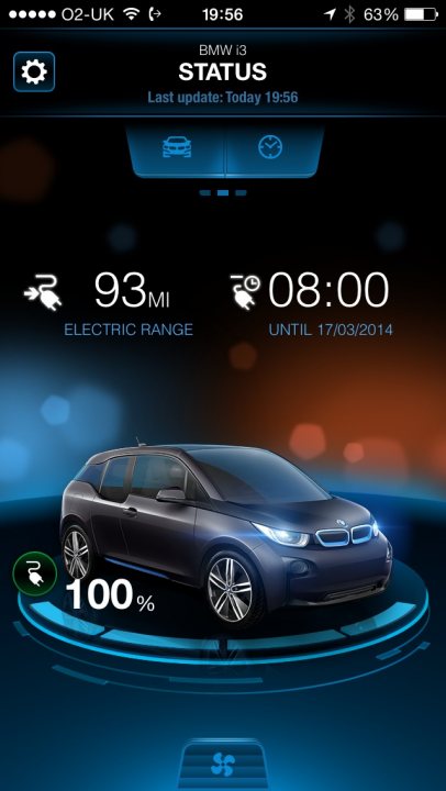 EV cars - real world range - Page 1 - EV and Alternative Fuels - PistonHeads - This image appears to be a screenshot from a smartphone displaying the interface of a BMW car. The car model is illustrated at the bottom, and it seems to be presenting a status report. The car's design includes futuristic and aerodynamic features. Among the displayed information are 93 miles, 08:00 time, an updated status message from 19:56, and progress information with "ELECTRIC RANGE 100% UNTIL 17.03.2014" indicating the battery's capacity and last charging date. The interface also includes a "INFO" button, suggesting the user can access additional details. The overall style of the screenshot is sleek and user-friendly, coordinating with the BMW brand image.