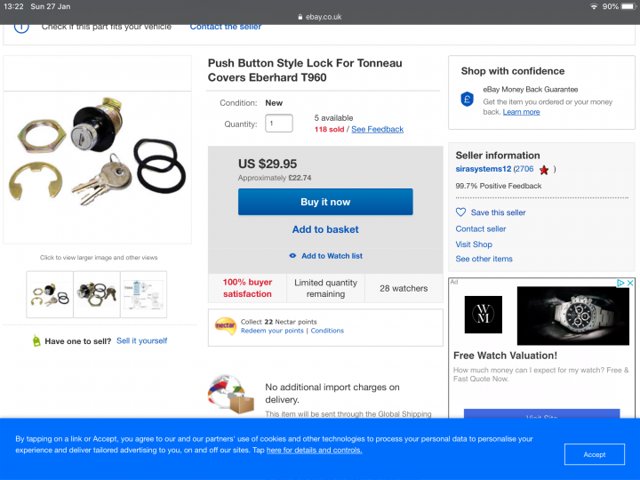 Supplier for chrome push button door lock? - Page 1 - Classic Cars and Yesterday's Heroes - PistonHeads - The image shows a screenshot of an online shopping website, with the focus on a product page. The website appears to be selling various items, including what looks like a key chain and some other accessories. At the top of the screen is a search bar with a magnifying glass icon, typical for e-commerce platforms. 

The central part of the image displays an advertisement for a push button style lock. The lock is showcased against a white background. To the right, there's a list of items available for purchase, each accompanied by a price tag. At the bottom of the screen, there's a shopping cart icon, indicating that items can be added for purchase. 

The text visible in the image includes 'US $5.99', suggesting the cost of the lock, and other smaller text which is too small to read clearly. The overall layout suggests an organized and user-friendly platform designed for online retail.