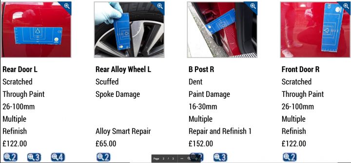 Advice/experience on what to do about end of lease charges - Page 1 - General Gassing - PistonHeads UK - The image appears to be a screenshot of a photo gallery or an online store listing. It showcases a red car, likely in the context of a paint repair service or product sale. There are three photos with varying descriptions:

1. The first photo is labeled "Front door R" and displays the damaged area of the car's front door with a focus on the paint damage.
2. The second photo, titled "Scratched," zooms in on the same area to highlight the scratches more clearly.
3. The third photo has a detailed description listing multiple damages, including scratches, dents, and scraped paint. This photo seems to be taken from a different angle, showing both the front door and additional bodywork areas of the vehicle.

Below the images, there's a price list with item numbers, descriptions, and costs for different repair services or products, such as "Scratched," "Scuffed through paint," and "Dent damage." The prices are listed in Euros, suggesting that this could be from a European country. The overall style of the image suggests it might have been taken from a smartphone due to the informal composition and lack of professional lighting or staging.