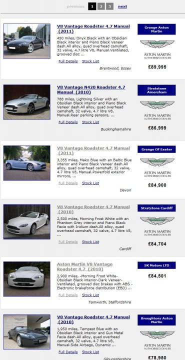 Well that makes a change... - Page 1 - Aston Martin - PistonHeads - The image shows a webpage with a list of vehicle options and prices. It appears to be a screenshot of a car dealership website, where six different models of Vantage sports cars can be seen. The models range from the Roadster 4 Manual (2014) to the Roadster GTS (2015). Each listing includes a brief description, price in pounds, and a button to give users the ability to click for more details. The majority of the models are listed in pounds, indicating they are priced in the United Kingdom. The layout is organized in a table format with each vehicle presented in its own row.