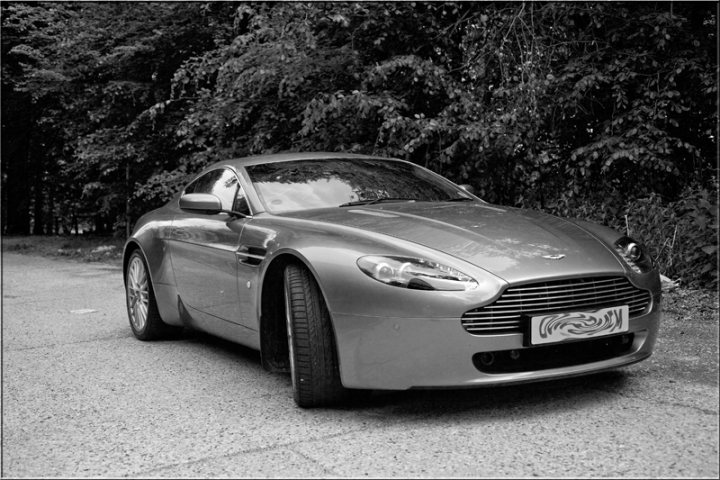 Aston Pistonheads Thread - The image is a black and white photograph depicting the front view of an Aston Martin DB7 car. The car is parked on a gravel surface, next to a grove of trees that partially obscure it. The Aston Martin DB7 is a luxury sports car known for its distinctive nose and prominent grille, which are visible in this shot. The grill design is consistent with the elegant, high-performance sports car characteristics associated with the Aston Martin brand. The bottom of the car features the standard Aston Martin grille and license plate.