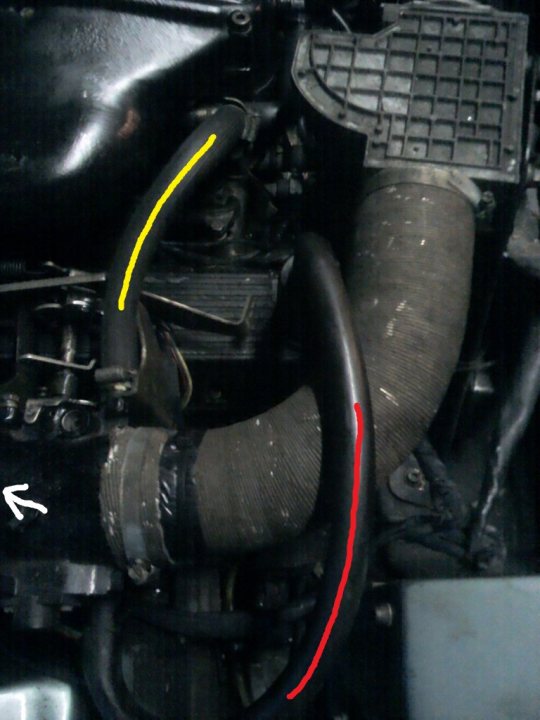 A close up of a motorcycle on a city street - Pistonheads - The image shows the underside of a vehicle's engine. It appears to be a metal pipe or hose with a black element, possibly part of an engine or road vehicle. There are two yellow lines drawn on the object, pointing to specific areas of interest. The background is dark and tightly packed, indicative of the engine compartment or mechanical area of the car. The image is a close-up photograph, providing a detailed view of the object and its structure.