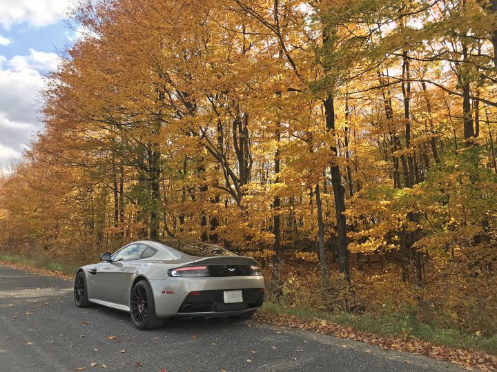 How about an Aston photo thread! - Page 175 - Aston Martin - PistonHeads - This image captures a vivid autumn scene with a gray sports car parked on a tree-lined road. The car, parked on the right side of the road, is the main focus of the photo, drawing attention with its sleek design and sports car silhouette. The road itself is lined with trees that showcase the characteristic fall colors of orange and yellow. The backdrop features an expansive sky with a few clouds, enhancing the overall atmosphere of the image. The image appears to have been taken during the day, with ample natural light.