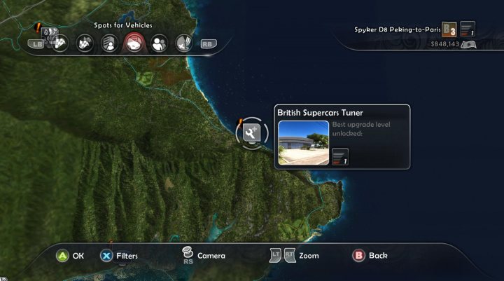 Test Drive Unlimited 2 - Page 37 - Video Games - PistonHeads - The image shows a screenshot from a navigation system, specifically from the "Spots for Vehicles" feature within the "Spyer DR" application, as indicated on the screen. There's a magnified section of a map located in the British Supercar Turner, with an open area, a proximity gauge, and a small picture of the area, suggesting the system might be GPS or similar. On the right side of the screen, there are icons related to camera actions, including "OK," "Filters," "Camera," "Zoom," and one labeled "Back." The overall layout of the interface is clean and functional, with a dark theme and clear indicators for each action possible on the given screen.
