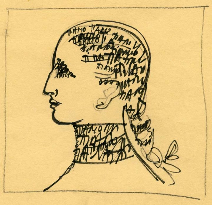 The image is a portrait in pencil, drawn on a piece of plain paper. The style is quite expressive with lots of varying lines and strokes that give the image a sense of dynamism and emotion. The figure portrayed in the image is a side profile of a person's head. Interestingly, the lines in the drawing seem to express a sense of thought or contemplation, as if the subject of the portrait is pondering something. The artwork itself has been sketched inside a simple rectangle frame, which adds another layer of interest to the piece.