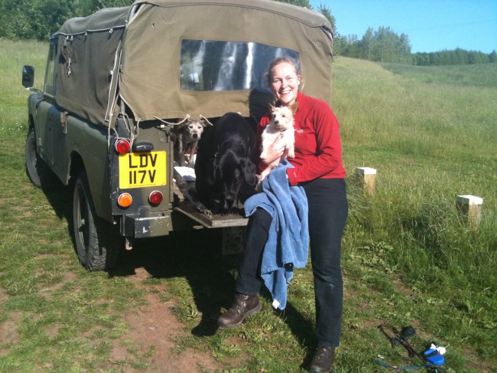 Warning - Aspects - Longwell Green - Siston Lane - Page 1 - South West - PistonHeads - This image captures a pleasant scene in an outdoor setting. A woman is standing next to a parked military jeep, which is covered with a green tarp. She is holding a small dog in her arms, and there are two larger dogs in the back of the jeep. The woman is wearing a red jacket and is smiling at the camera, conveying a sense of joy and happiness. Additionally, there is a blue towel draped over the jeep, adding a pop of color to the scene. Overall, the image evokes a sense of adventure and companionship with pets.