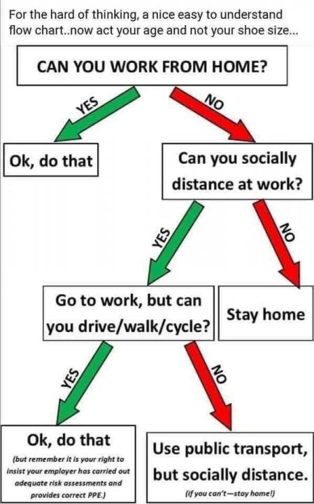 A collage of photos of a person holding a pair of scissors - The image presents a flow chart, which appears to be humorous in nature. It is titled "For the hard thinker, nice easy understanding, now your shoe size." 

The text on the chart reads: "Can you work from home?" followed by a series of questions with corresponding actions, such as "Socially distance" leading to "Stay home" and "Stop drinking/smoking" leading to "Go for a walk/cycle," among others. 

At the bottom, there are two options: "Do that" or "Stay at home." The chart is drawn in a simplistic style with simple shapes and lines connecting the questions and actions. The overall tone of the image seems to be satirical, poking fun at the restrictions and guidelines imposed during the COVID-19 pandemic.