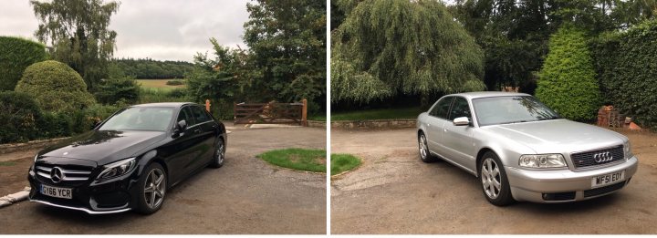 For the price of a lease car deposit - Audi S8 d2 - Page 1 - Readers' Cars - PistonHeads - The image is a split-screen comparison of two different properties. In the left half, there are several cars parked in a dirt area with a lush green background and a fence. In the right half, a driveway leads to a large expanse of green land, with a paved area adjacent to a building resembling a garage. No cars are present in this portion of the image. The two images show no people and serve to contrast contrasting types of properties or landscapes.