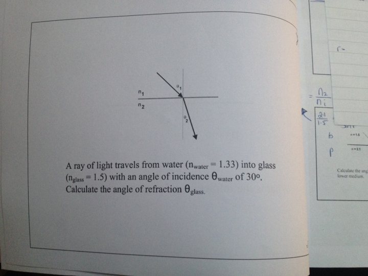 A clock that is sitting on a table - Pistonheads - The image shows an open textbook with a page focusing on a diagrammatic representation of a ray of light traveling from a water surface. The point from where the light travels is labeled as (?1, s1) and is marked by a black arrow. This diagram is related to the problem of light refraction, as indicated in the text beside it. The textbook also has additional mathematical notations like integrals, indicating a discussion or a problem set related to refraction or optical science. The open book occupies most of the image, and the description seems to suggest more context than what is visible in the image alone.