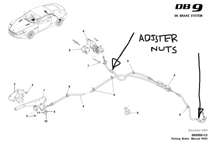 Aston martin db9 handbrake adjustment location?? - Page 1 - Suspension & Brakes - PistonHeads - The image depicts a schematic representation of a car's braking system. It shows a detailed laid out system with labels indicating the positions of various components. The text "Adjuster nuts" is prominently marked, likely pointing to locations where nuts might need adjustment. The labels and diagram help in understanding the layout and function of the braking system. This type of image is commonly used in maintenance and repair manuals for vehicles.