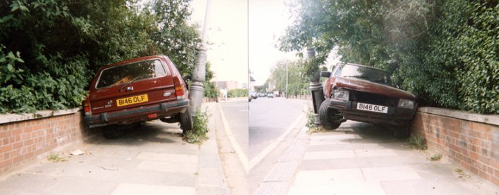 How about a 'period' classics pictures thread - Page 311 - Classic Cars and Yesterday's Heroes - PistonHeads - The image shows two distinct scenes of a damaged red van ramming into a brick wall and being crushed against it. The first scene is a before image, representing the van's initial collision with the wall. The second scene is the after image, depicting the immediate aftermath of the crash, with the van now completely reversed and pressed completely against the wall. It's evident that the van's first collision with the wall has resulted in a thoroughly damaged state.