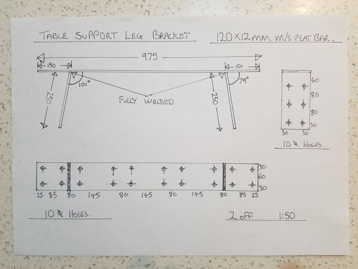 Scaffold boards for a table top - joining? - Page 2 - Homes, Gardens and DIY - PistonHeads - The image shows a hand-drawn technical drawing of a leg support brace for a table. It is a black and white illustration that appears to be a schematic or instructional diagram, with measurements provided in inches (e.g., 95" x 12"). The brace features two horizontal supports connected at the top by a diagonal brace. There are annotations indicating where to place screws, bolts, and possibly the table itself. The drawing is on a piece of paper that's lying flat on a surface, likely intended for construction or assembly purposes.