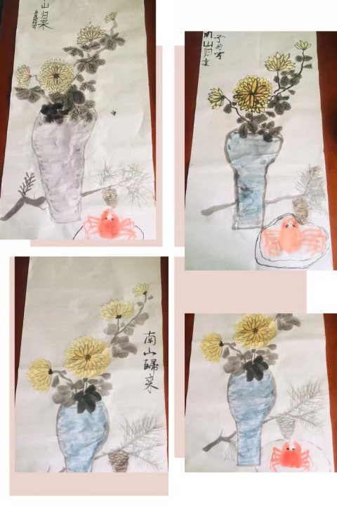 A collage of photos with vases and flowers
