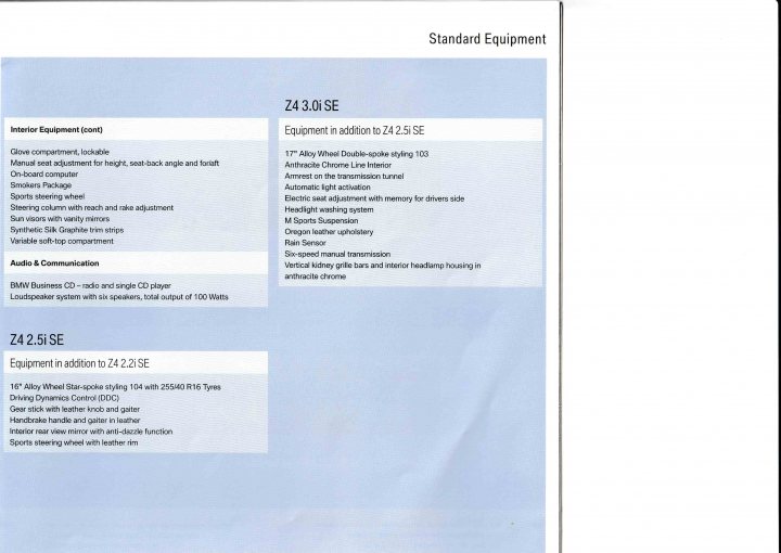 '03 BMW Z4 2.5i SE - Page 1 - Readers' Cars - PistonHeads - The image displays a screenshot of a document, which appears to be a piece of paper with text and some graphics. The document is titled "Standard Equipment," indicating that it lists items considered standard for a particular purpose or role. The items listed on the document include various types of equipment such as an 801E portable generator, a 3M respirator mask, and safety gloves among others. The text and graphics are clear and legible, suggesting they are intended to be informative or instructional. The paper is in portrait orientation and occupies the majority of the frame. The background is nondescript and does not provide any additional context about the document's content or purpose.