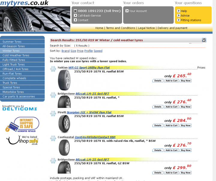 X5 M Sport - Runflat All season/winter tyres - Page 1 - BMW General - PistonHeads - The image shows a webpage displaying search results for "Car tyres." The page features a navigation bar at the top and a main section with product listings. The listings include picture images of car tyres, tyre make and model information, prices, and a prompt to add products to a cart. There are additional details such as different variants of the tires, and options to apply a voucher, seen on the right side of the page. The website appears to be a shopping site specialized in car tires.