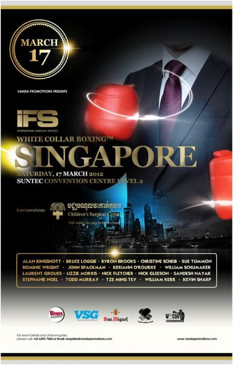 Singapore lads - Support me at the White Collar Boxing? - Page 1 - Asia - PistonHeads - The image appears to be a promotional poster for a boxing event. At the top of the poster, there's a date and a logo that likely represents the event. The central figure is a stylized image of a boxer wearing red gloves and a black suit with a tie, set against a black background. The text of the poster includes specific event details, names of boxers and their teams, and logos of sponsors, suggesting a well-organized boxing event.